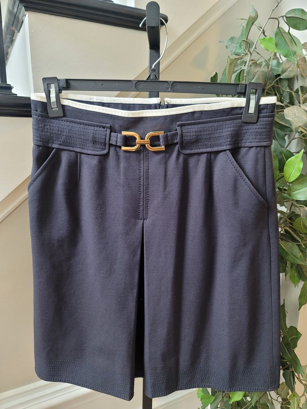 Ann Taylor Pencil Skirt Women's Size 8 Blue Slash Pockets Interlocking Buckle